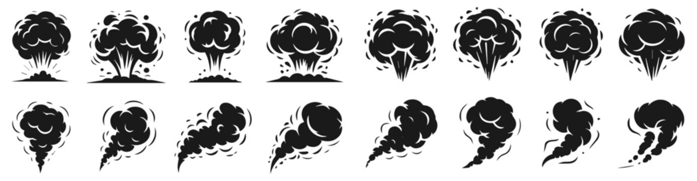 Explosion cloud patterns: A set of dynamic explosion cloud pattern silhouette on the sky capturing different stages of the explosion, representing power, force, and impact.