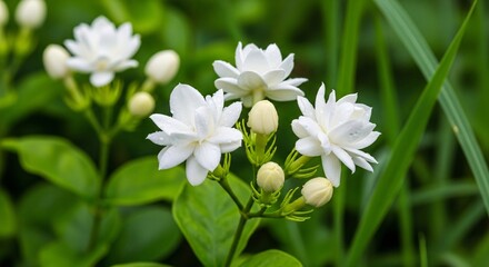 Fototapeta premium Close up of delicate white flowers blooming amidst green foliage