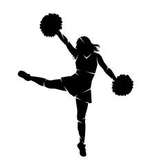 Silhouette of a cheerleader with pom poms, dancing and jumping, isolated on white.
