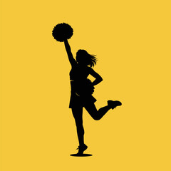 Silhouette of a cheerleader with pom-poms jumping and cheering, isolated on yellow background