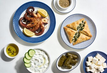 Grilled octopus garnished with lemon slices alongside creative Mediterranean spread featuring spinach pie yogurt dip stuffed vine leaves and feta cheese melding flavors in culinary artistry