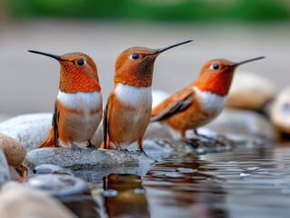 Obraz premium Three rufous hummingbirds perched on river rocks, vibrant orange feathers, natural outdoor setting, calm water reflection