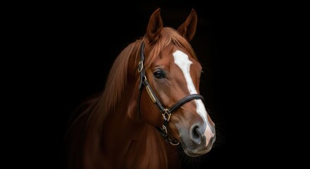 Fototapeta premium A regal brown horse with white blaze, wearing a bridle, isolated on black
