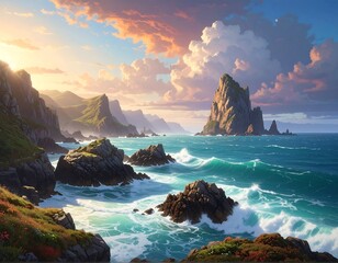 Coastal vista depicting a rugged, mountainous coastline under a dramatic, sunlit sky with waves crashing against the rocks