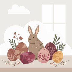 Minimalist Easter Bunny and Patterned Eggs Illustration