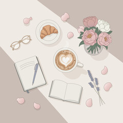 Cozy Morning Flat Lay with Latte Art, Notebook, and Flowers