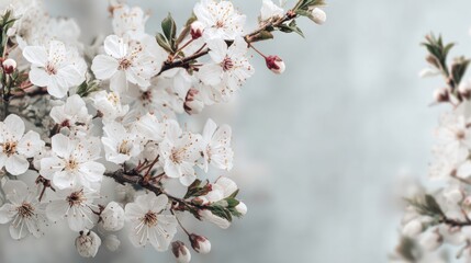 Obraz premium White Flowers Bloom Against a Soft Creamy White Background During Spring Season in a Tranquil Setting