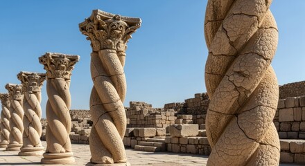 Fototapeta premium Ancient twisted columns stand, with weathered ruins in the background under clear skies