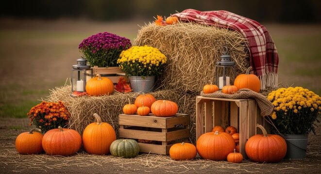 Autumn scene pumpkins, hay bales, flowers, and a plaid blanket create a harvest display