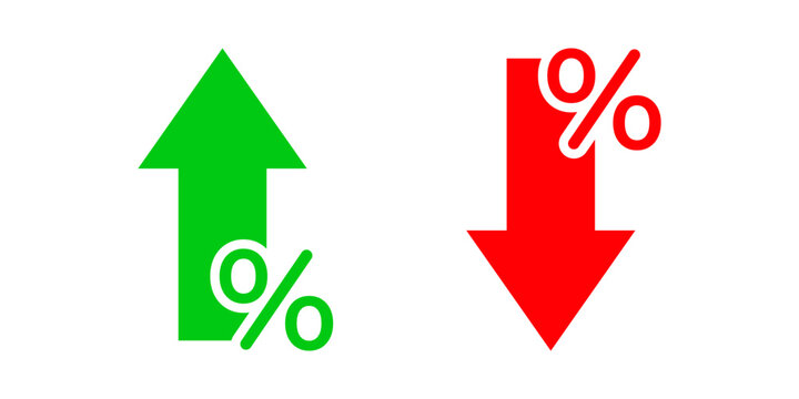 Percentage up and down arrows indicating financial change. Vector icons, widely used in business, finance, and statistics to illustrate economic trends, interest rate changes.