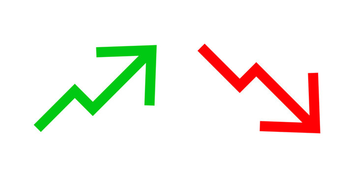 Green upward arrow and red downward arrow indicating growth and decline. Vector Icons.