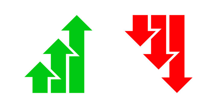 Green arrows indicating growth and red arrows indicating decline. Vector Icons used to finance, economics, or data visualization. 