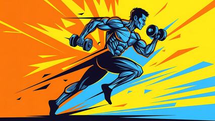 Dynamic Illustration of a Bodybuilder Running with Dumbbells in Motion