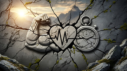Heart Pulse and Bicep Muscle Symbol on Cracked Stone Wall Background