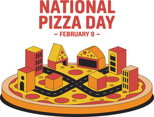 National pizza day creative illustration with isometric cityscape built on a large pizza isolated on white background