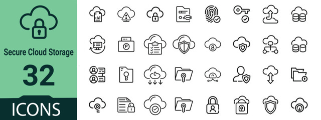 Collection of secure cloud storage icons, minimal outline vector set for cybersecurity