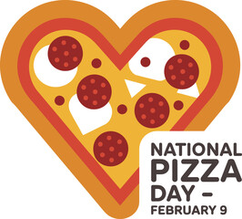 National pizza day illustration featuring a heart-shaped pizza and celebration date isolated on white background