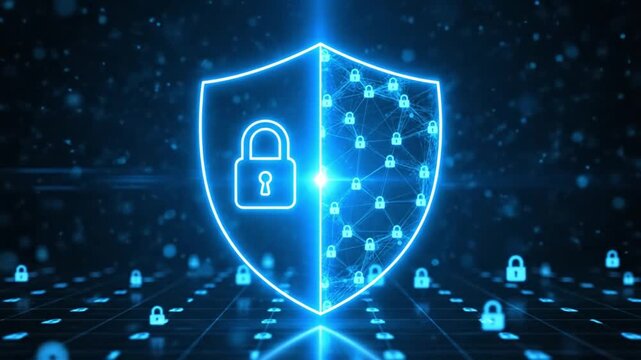 Secure digital shield protecting sensitive information in a global network, symbolizing robust cybersecurity, data privacy, and technological defense