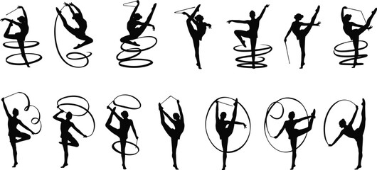 Fototapeta premium Rhythmic gymnastics athlete silhouette set showing ribbon dance poses, flexible movements, sport performance, artistic exercise figures isolated on white background