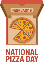 National pizza day celebration graphic with pizza box and february 9 date illustration. isolated on white background