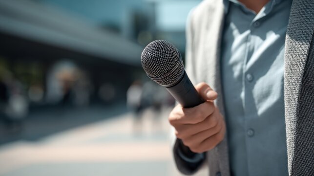 Male presenter in gray suit holds microphone in hand, standing outdoors with blurred background of people and modern architecture in a broadcast setting