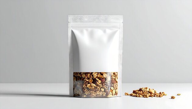 Granola bag on white tabletop in studio showing food product, blank label, packaging concept.