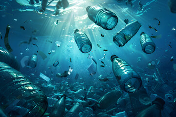 Environmental impact of ocean pollution with submerged plastic bottles