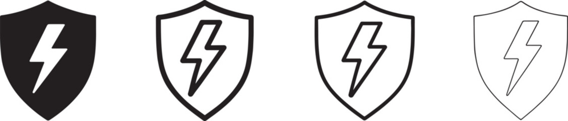 Shield with lightning icon showing safety, protection and electricity in silhouette and outline.