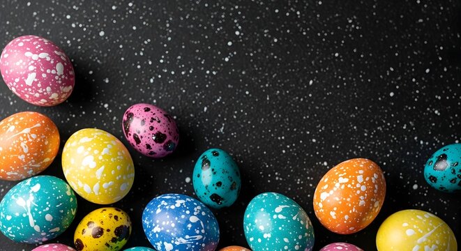 Colorful easter eggs on black background with sparkles