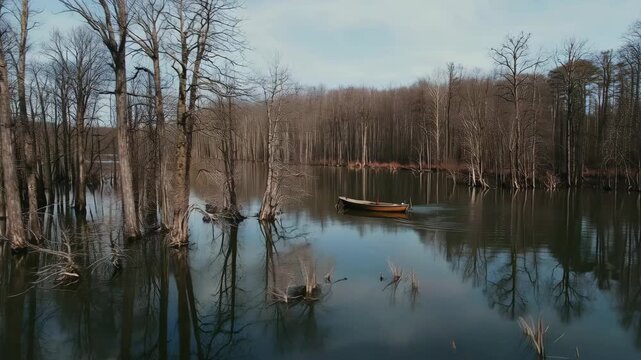 Serene lake with bare trees and a lone rowboat drifting peacefully through calm water reflecting the stark winter forest landscape and overcast sky creating a tranquil atmospheric mood for nature