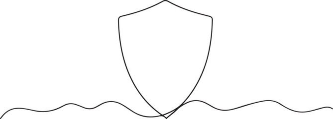 Shield drawn in one line art style with editable black stroke on white background vector.