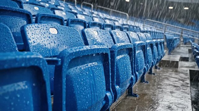 Rows of empty blue plastic stadium seats covered in rain droplets are set against a dark backdrop for sports event and concert promotion.