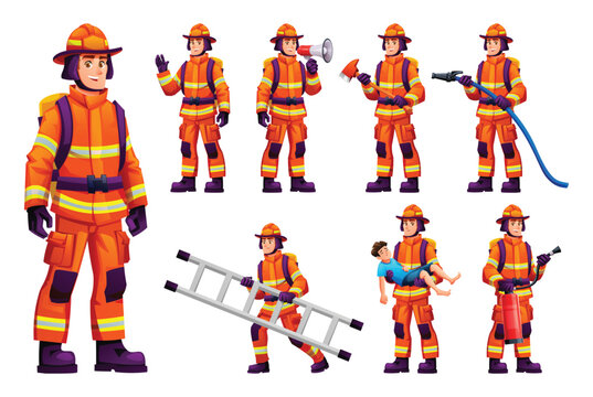 Brave firefighter character set in protective uniform with axe and hose. Vector cartoon illustration
