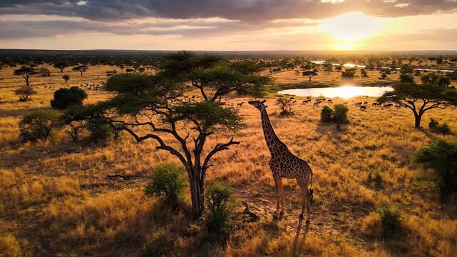 Majestic Giraffe in African Savanna at Golden Hour Sunset, Wildlife Scene
