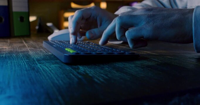 Slow motion Shot Of Hands Typing On Keyboard At Night. Writing, Creativity And Digital Content Creation Concept, 1000 FPS