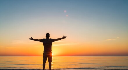 Fototapeta premium Man enjoying morning walk at sunrise for a healthy lifestyle by the ocean