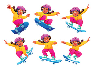 Young girl character set performing various skateboard stunts. Vector cartoon illustration