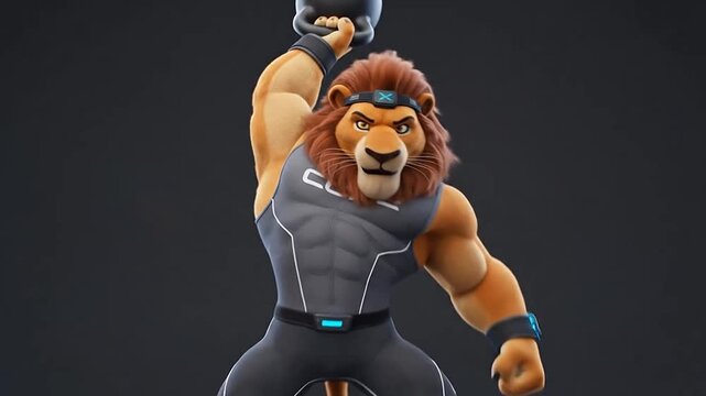 Muscular animated lion character holding kettlebell in fitness attire