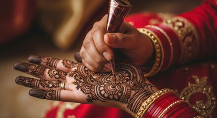 Henna art being applied to a hand, showcasing intricate traditional patterns