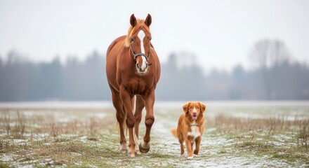 Horse and dog walking side-by-side in a snowy field, misty background