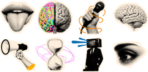 Fototapeta na wymiar Pop art halftone sticker set close collage of tongue and split brain with colorful scribble accents microphone megaphone hourglass eye
