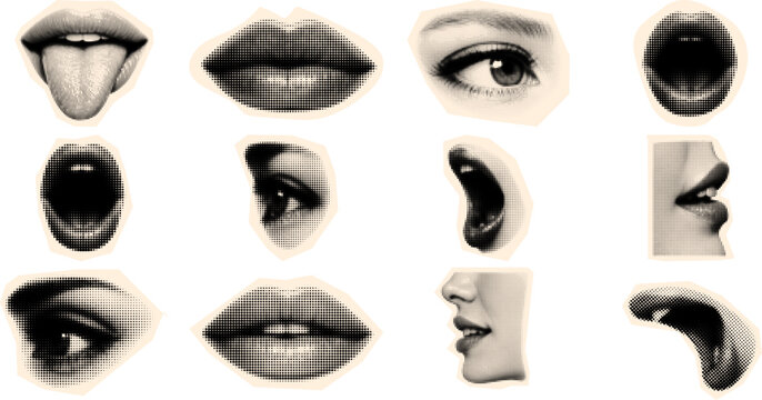 Halftone pop art sticker sheet close up fragmented facial features collage with lips eye nose mouth profiles in vintage beige vector