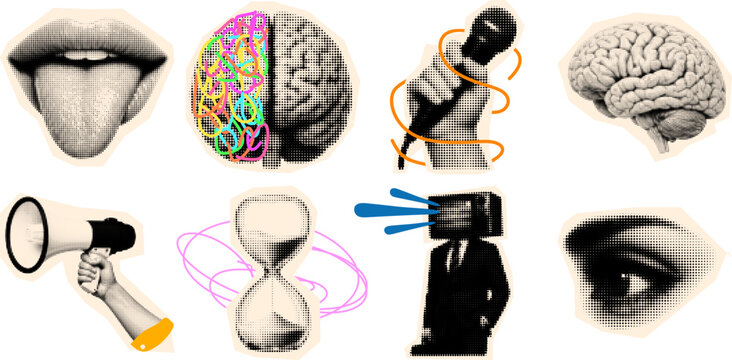 Pop art halftone sticker set close collage of tongue and split brain with colorful scribble accents microphone megaphone hourglass eye