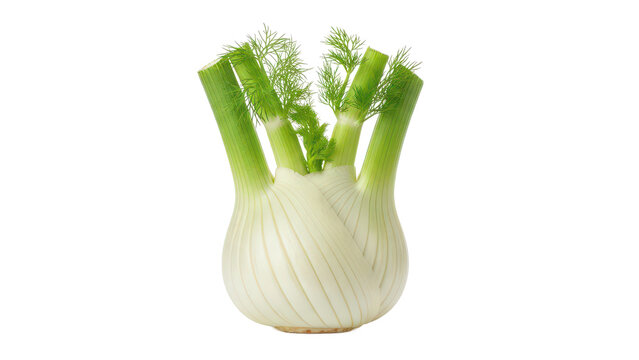 Fresh fennel bulb with vibrant green fronds stands upright against a transparent background ready for culinary creations