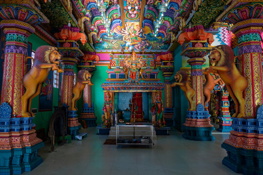 TRINCOMALEE, SRI LANKA - FEBRUARY 10, 2020: The interior of the ancient Hindu temple Sri Bhadrakali Amman Kovil (Kali Kovil)