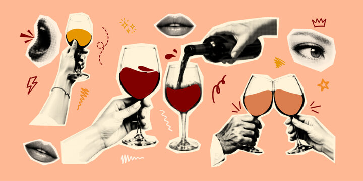 Pop art collage close up of hands toasting red wine glasses with retro halftone texture and peach background, celebratory warm mood