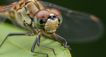 Macro shot of a dragonfly resting on a green leaf, showcasing detail