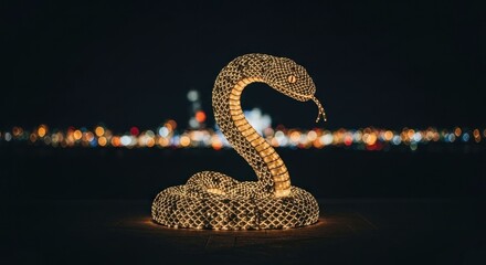 Light sculpture of a snake against a bokeh night city backdrop