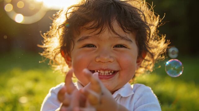 Smiling child toddler with curly hair reaching for soap bubble joyful outdoor portrait in golden sunlight warm backlight