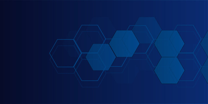 Abstract geometric hexagon shapes on blue background. Modern hexagonal pattern design elements. Medical, technology and science concept. Space for your text. eps10